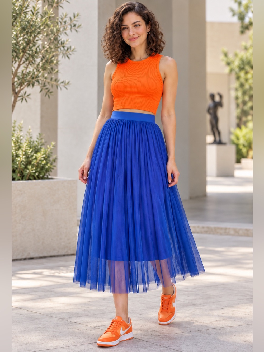 Women’s Royal Blue Tulle Midi Skirt - Elegant Pleated Design
